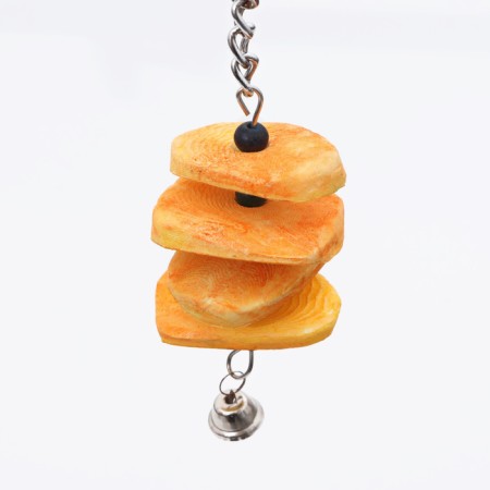A toy for birds with a karakatitsa carapace and beads, 18 x 6 cm, yellow-3