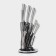 A set of kitchen knives on the ardone stand, 7 objects: 5 knives, musat and scissors, chrome color