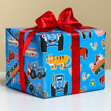 Glossy packaging paper, blue tractor, 70x100 cm-3