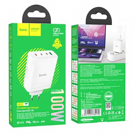 The N31, 3 Type-C, 1 USB, 100 W, PD + Qc, White Network Charger, White-3