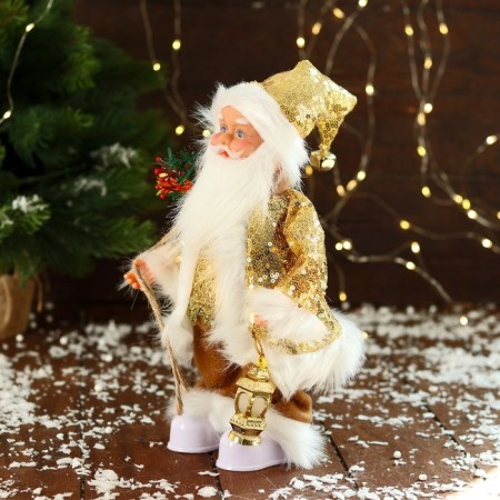 Santa Claus "in a suit with sequins, with a flashlight" moves, with backlight, 28 cm, gold-3