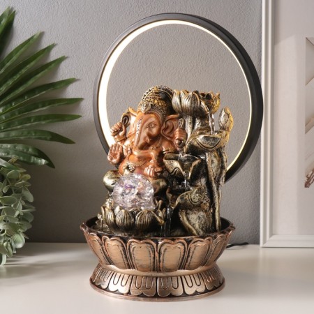 Table Polystone Fountain from the Network, Ganesha's backlight with a lotus at the waterfall 25x20x34 cm-3