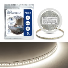 Светодиодная лента Feron 5 м, IP20, SMD2835, 180 LED/м, 17 Вт/м, 12 В, свечение белое