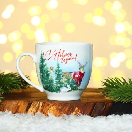 Happy New Year ceramics set, 180 ml mug, 2 pcs, spoon 2 pcs, white color-4