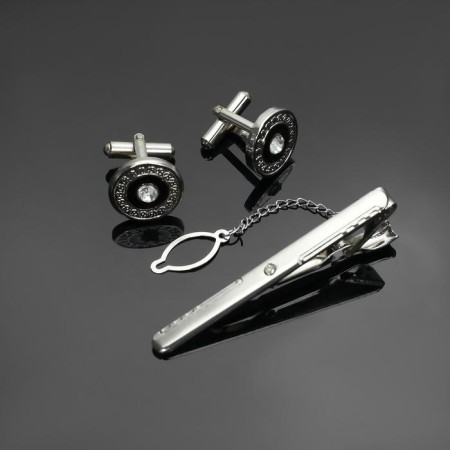 Set of men's “cufflink + tie clip” circle with engraving, black and white color in silver-1