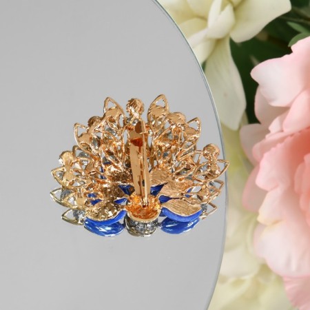 Brooch "Peacock" with a fluffy tail, the color is blue in gold-2
