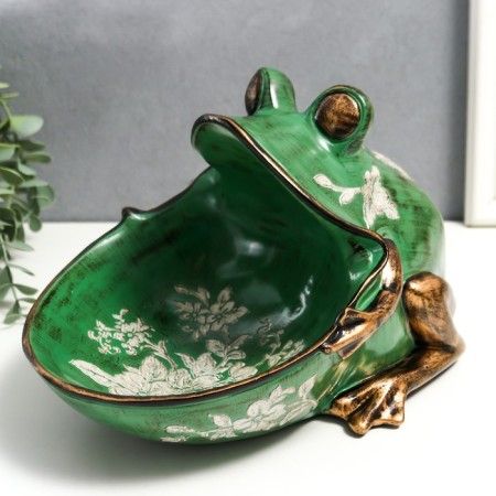 Souvenir Polystone stand "Frog with flowers" aged green 18x26 cm-2