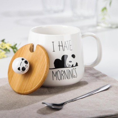 Ceramic mug with a wooden lid and spoon "Panda", 350 ml, color and pattern mix-1