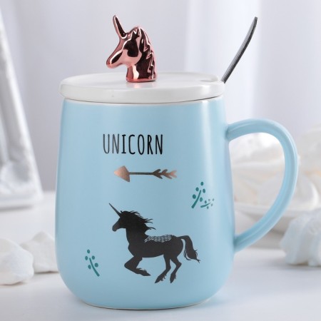 Ceramic mug with a lid and spoon "Golden Horn", 450 ml, color mix-7