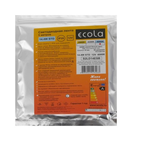 Ecola Pro 5 m, IP20, SMD5050, 60 LED/m, 14.4 W/m, 12 V, 6000K-5
