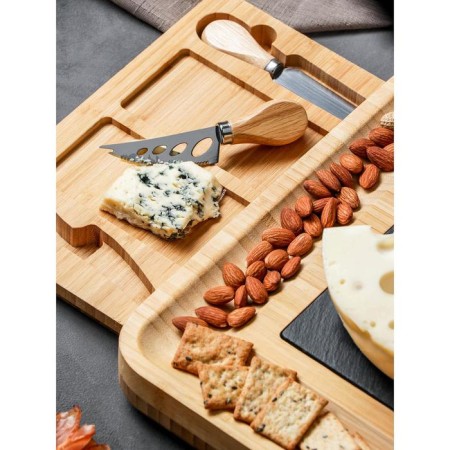 Set for the supply of cheese "Maasdam", 4 knives, bamboo, shale board-3