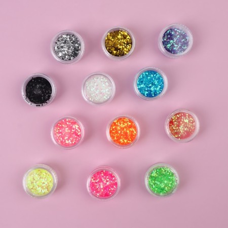 Sparkles for decor, large, set of 12 jars, in a plastic organizer, multi -colored