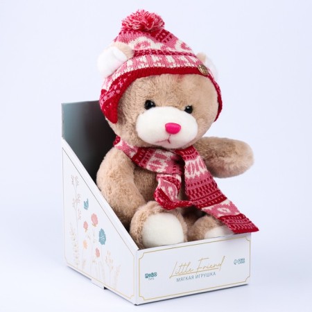 Soft toy "Little Friend", New Year's bear in a hat and scarf, pink color-6