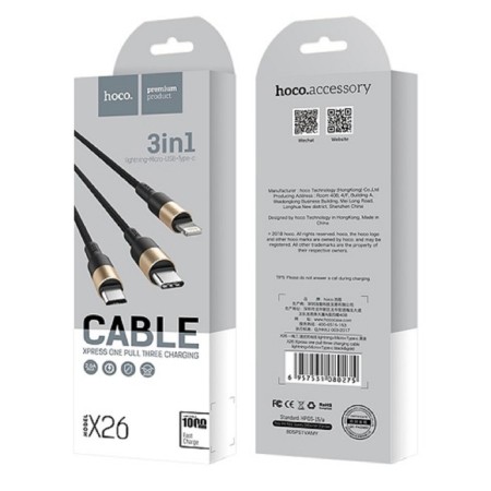 Hoco X26 cable, microUSB/Lightning/Type-C-USB, 2 A, 1 m, nylon braid, black and golden-2