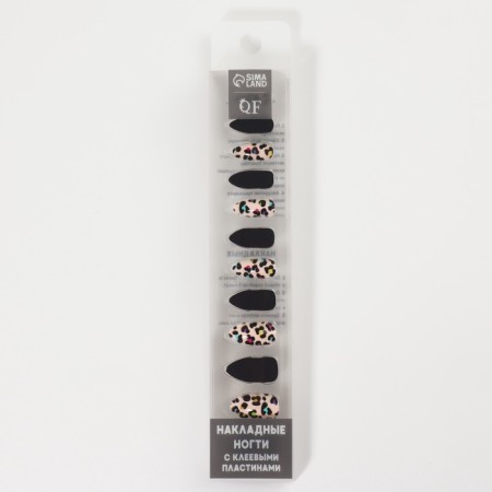 Leo patching nails, 12 pcs, with glue plates, almond shape, black, beige-3