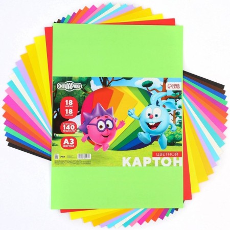 Cardboard tinted, A3, 18 sheets, 18 colors, moped, bilateral, in a package, 140 g/m², Smeshariki-3
