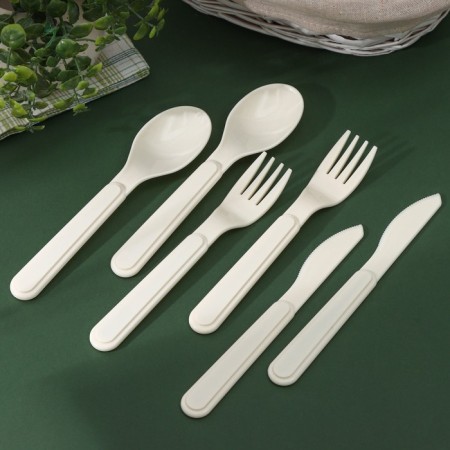 A set of cutlery for 2 people, 6 items: 2 forks, 2 spoons, 2 knives, beige color