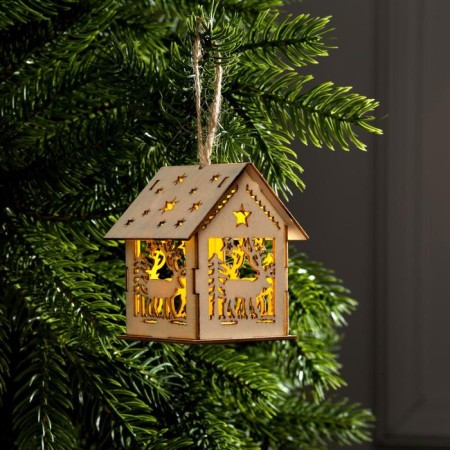 Christmas tree toy "House with a deer", from batteries, a glow of warm white
