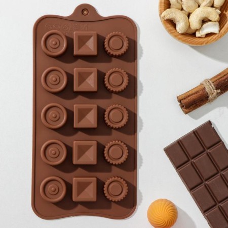 Form for chocolate of the share “circles, squares”, silicone, 21.5 × 10.4 × 1.5 cm, 15 cells, brown color