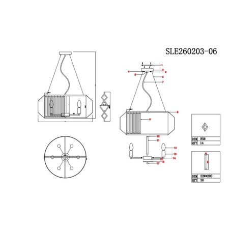 Suspended EVOLUCE lamp. Sle260203-06. Messina. 6x40 watts, E14, 54x54x66 cm, champagne color-5