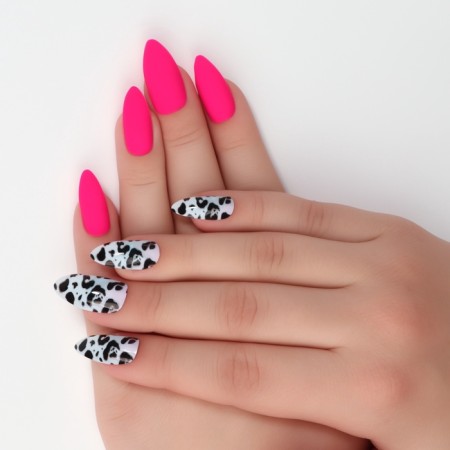 Leo patching nails, 12 pcs, with glue plates, almond shape, black, pink-5
