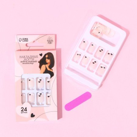 Follow nails “Tenderness”, 24 pcs, adhesive plates, square shape, glossy pink/white/black color-10