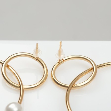 Earrings with pearls "Tenderness" Two rings with beads, white color in gold-1
