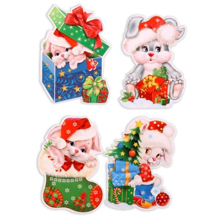 Set of mini-placas "Happy New Year!" 10 pcs, hares, Christmas tree-3