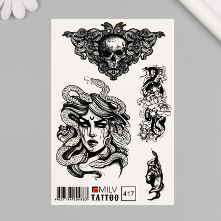 Tattoo on the body "Skull, Gorgon, Snakes" 10x15 cm