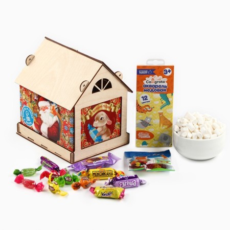Sweet children's gift "Santa Claus": sweets 700 g, paints 12 colors, feeder-2