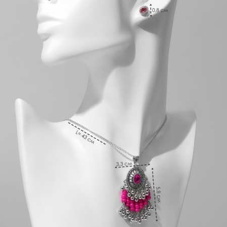Set 2 objects: earrings, pendant “solo” oval, raspberry-white color in black silver, 48 cm-1