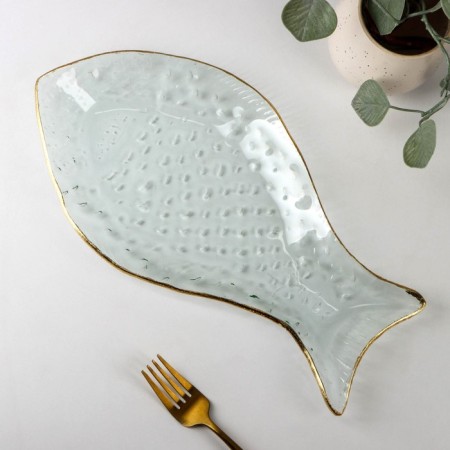 Glass Serving "Fish", 18 × 33 cm, with a golden border