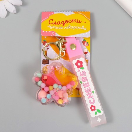 A keychain plastic with a carbine, a strap "Flower with balls" Water with decor 6x6x2 cm