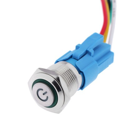 Switch, 12 V, 3 A, 5 PIN, IP67, D 16mm, wire 15 cm, green
