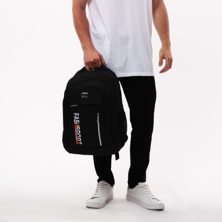 Male backpack on a zipper, 2 parts with a zipper, 5 external pockets, black color-5