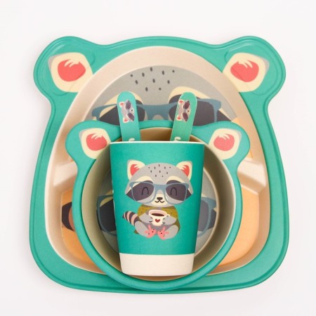 A set of children's bamboo dishes "Raccoon", plate, bowl, glass, devices, 5 items-8
