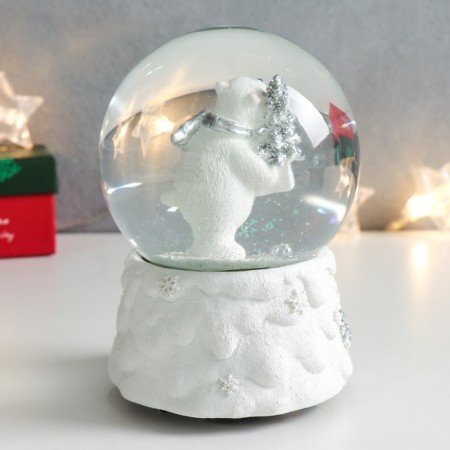 Souvenir Polystone Water Ball Music "White Bear with a Christmas tree and a gift" 11.5x11.5x14 cm-2