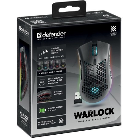 The mouse Defender Warlock GM-709L, Western, Optical, RGB, 2400 DPI, 400 mAh, 8 buttons, USB, Black-7