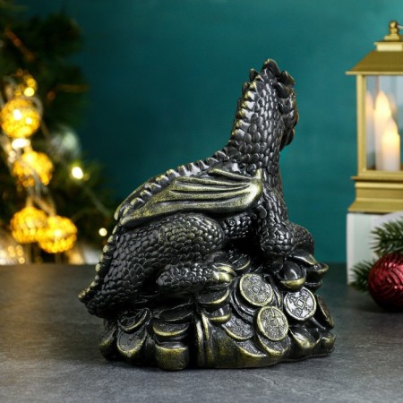 Piggy bank "Dragon on money" Black with gold, 18cm-2