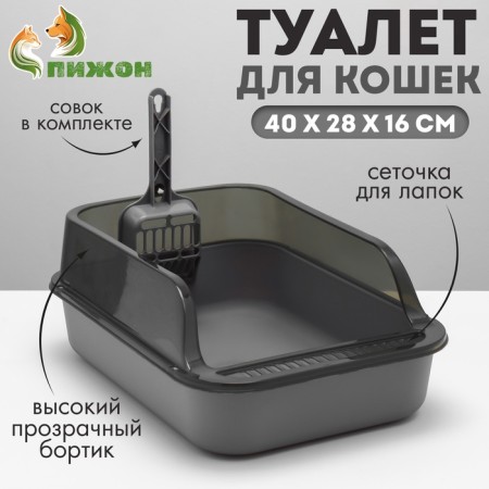 Toilet with transparent sides with a scoop and filter, 40 x 28 x 16 cm, gray