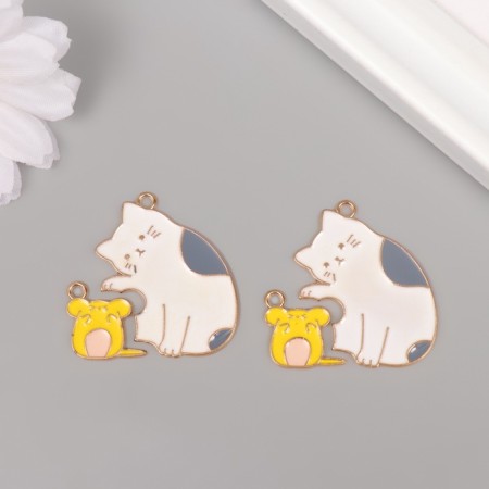 Decor for creativity metal, enamel "cat with mouse" set of 2 pcs 3.3x3 cm-3