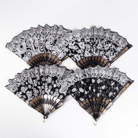 Fan plastic, textile "Solder of flowers" with gold mix 23 cm-4