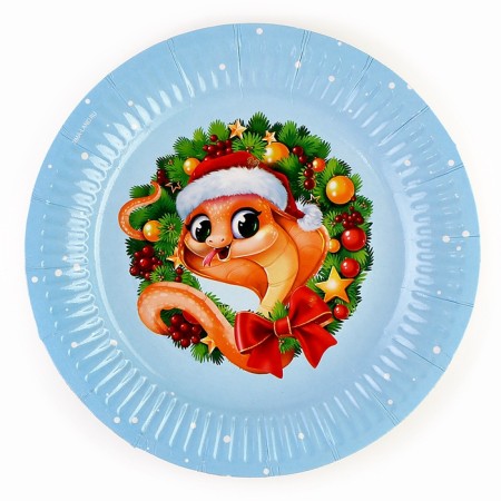New Year's Papa plate "Happy New Year", a snake with a wreath, 18 cm, disposable-1