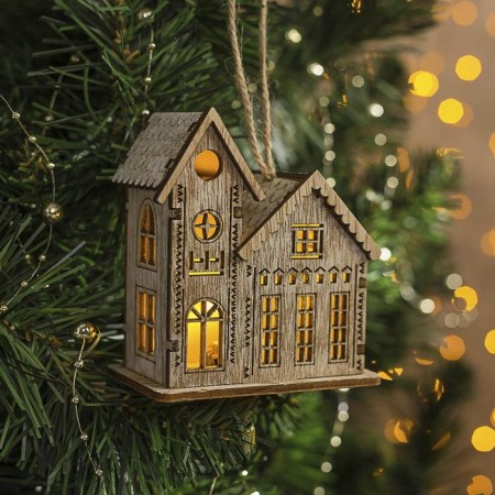 Christmas tree toy "House with a tower", from batteries, a glow of warm white