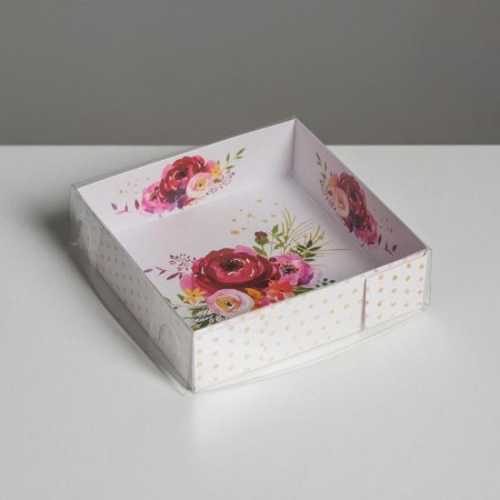 Confectionery packaging, boxing box with PVC lid, "flowers", 12 x 12 x 3 cm