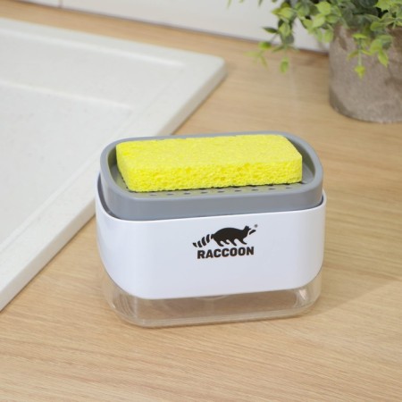 A dispenser for a detergent with a stand for the Raccoon sponge, a sponge included-1