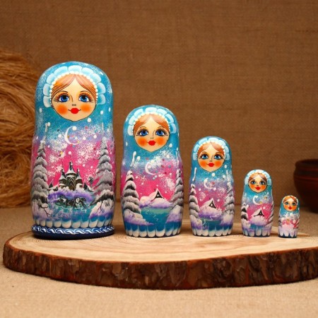 Nesting doll "Winter", Blue, 5 puppet, suite-4