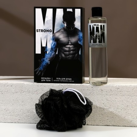 Gift kit Real Man, shower gel 250 ml and body washcloth, Hard line