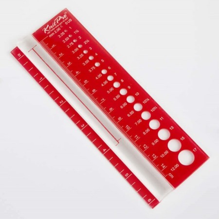 A ruler for determining the size of the KnitPro spokes, a rectangular red 10701