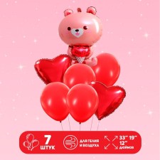 Set of balls “Pink Bear with a bouquet”, latex, foil set 7 pcs.